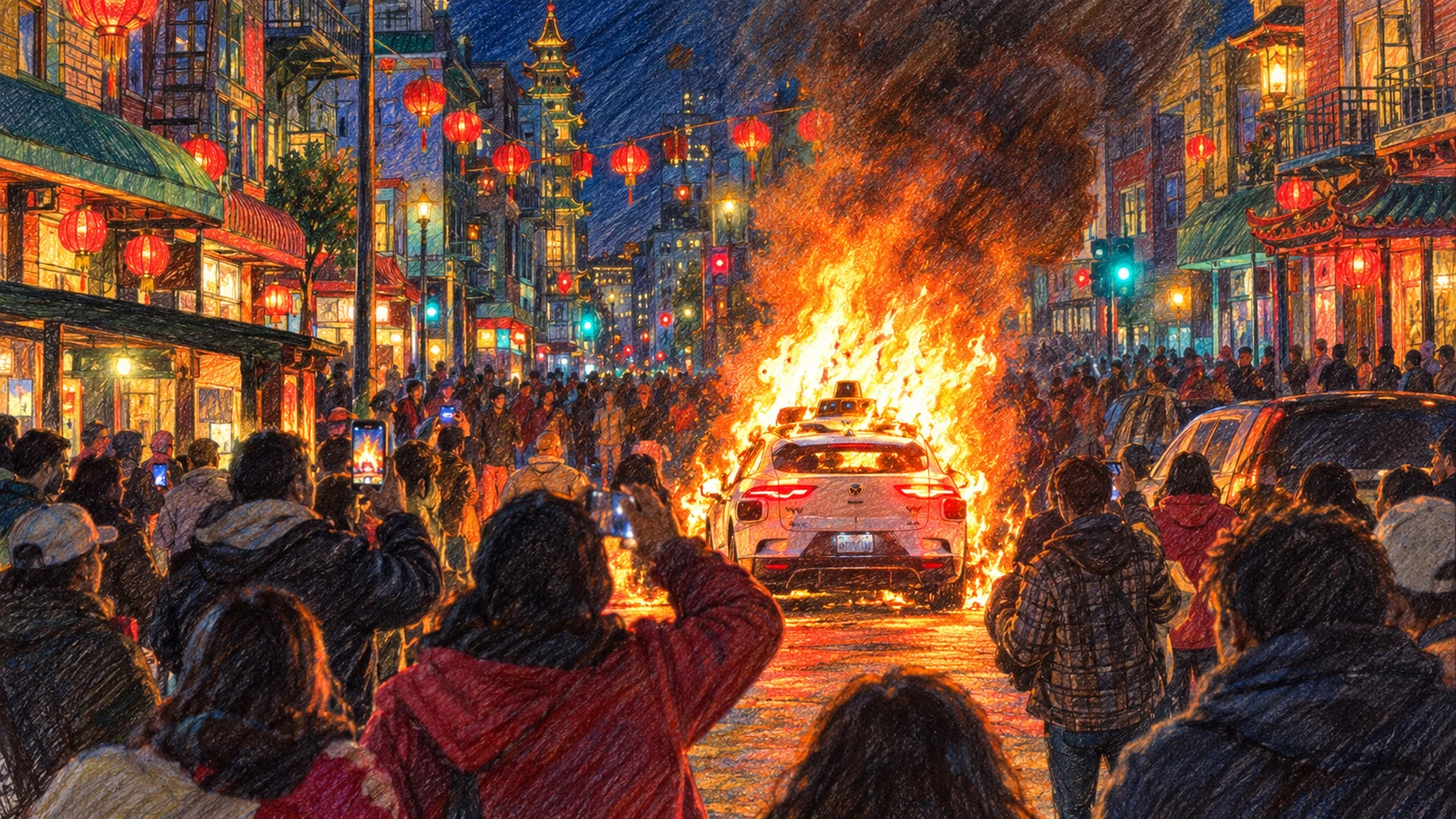 Colored-pencil illustration of a white Waymo burning on a Chinatown street at night as a crowd watches and records on phones.