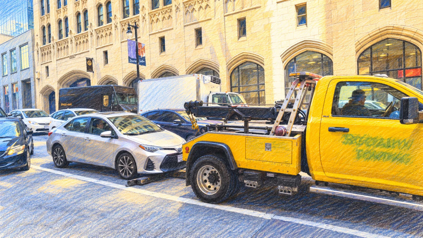 Colored-pencil illustration of a yellow tow truck backing its lowered towing arm toward a silver-white Corolla in downtown San Francisco traffic.
